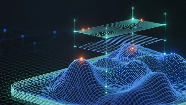 Glowing 3d terrain grid, map layer and elevation node show gis technology for spatial analysis, location intelligence and digital landscape modeling.
