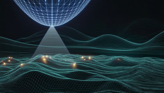 Remote sensing over digital terrain with scan dome, signal wave, and glowing node, symbolizing aerial monitoring, geospatial analysis, and data capture.