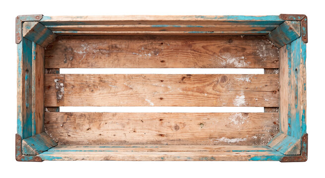 Empty vintage wooden crate top view, rustic textured wood box with metal corners isolated on transparent background