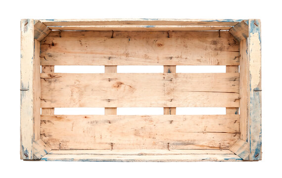 Empty vintage wooden crate top view, rustic textured wood box with metal corners isolated on transparent background