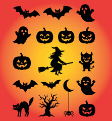 Fototapeta premium Halloween Spooky Silhouettes Vector Set with Bats, Ghosts, Pumpkins, and Flying Witch