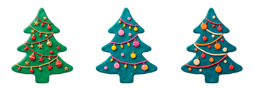 Set of cute plasticine Christmas trees with colorful ornaments, handmade clay style holiday decoration isolated on transparent background