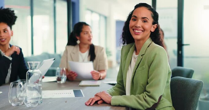 Pride, face and woman in boardroom with meeting, marketing consultant and about us in PR office. Portrait, team and branding specialist with confidence, campaign planner and career in communications.