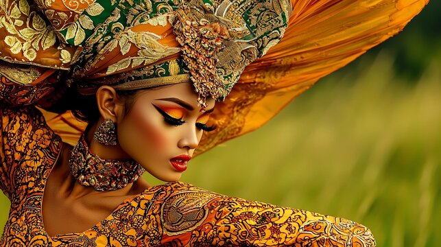 Woman in ornate headdress and golden dress.