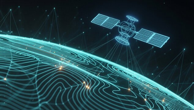Satellite imagery of earth with orbiting satellite and digital contour grid, symbolizing remote sensing, global monitoring, mapping, and geospatial intelligence.