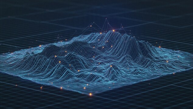 Glowing wireframe terrain model on a dark grid, showing elevation, contour and surface shape for digital landscape planning and spatial analysis.