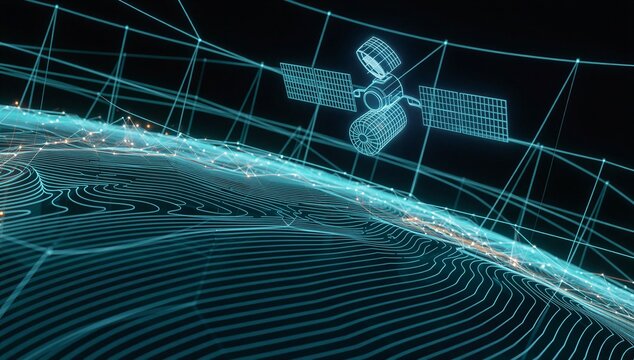 Futuristic satellite imagery concept with orbiting satellite above earth horizon, digital grid and data lines showing global monitoring, mapping and communication.