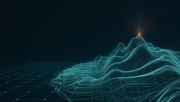 Glowing digital terrain with contour line and point light, showing data driven mapping, spatial analysis and modern geolocation.