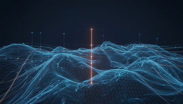Blue digital terrain with glowing coordinate line and mesh, showing spatial analysis, location intelligence, and geospatial mapping.