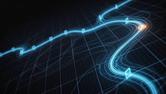 Glowing route line on a digital map grid with waypoint, symbolizing route planning, navigation, direction, and trip optimization.