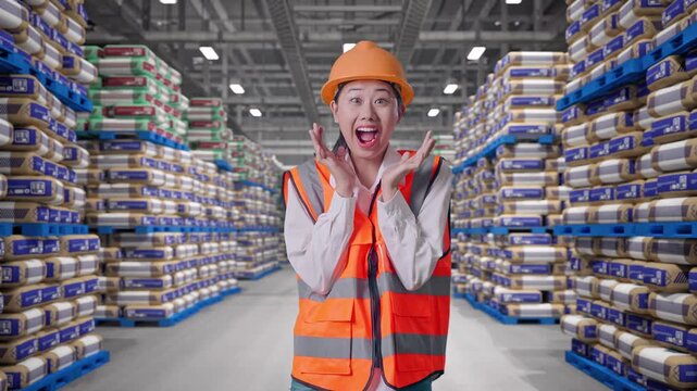 Asian Female Engineer With Safety Helmet Smiling To Camera And Saying Wow While Standing at Warehouse Stacked Cement Bags Pallets
