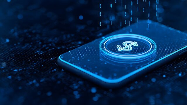 Mobile payment concept featuring glowing blue dollar icon on smartphone screen over dark digital circuit background depicting secure electronic banking and fintech solutions for consumers.
