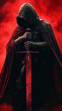 Executioner in cloak holding long sword. Warrior standing in red fog. Dark fantasy character portrait, mysterious knight prepared for combat, ancient legend. Vertical video