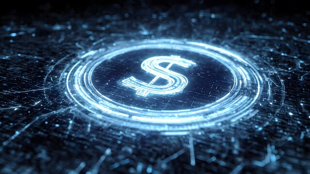 Digital dollar symbol centered in glowing circular energy interface over dark circuit board pattern depicting electronic payment systems and global financial network connectivity in cyberspace.