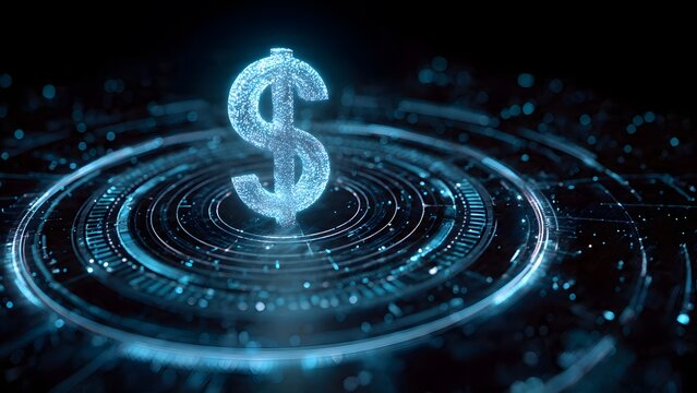 Glowing dollar sign centered on digital dark background with concentric circular light patterns and abstract data lines representing futuristic financial technology concepts for banking investment.