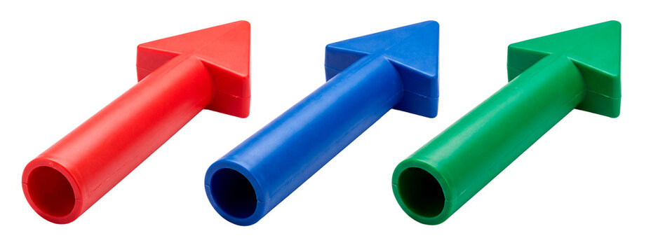 Three colorful 3D directional arrows in red, blue, and green on a transparent background