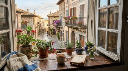 Fototapeta premium Charming Italian Village Street View from a Window with Plants and Coffee.
