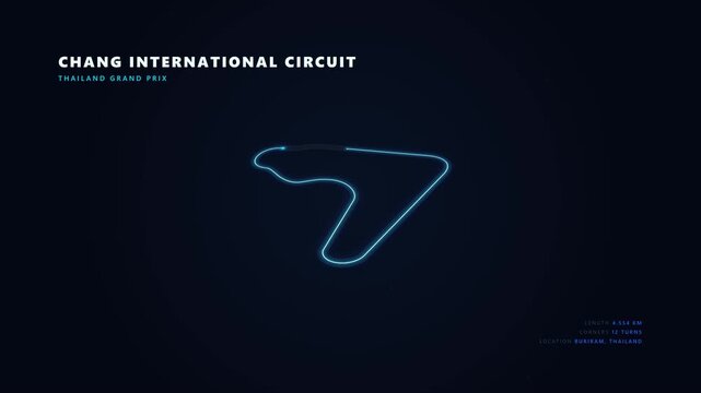 Neon Glowing Blueprint of a Professional International Racing Circuit Track for Grand Prix Motorsports Events on Dark Background