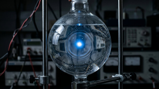 Sonoluminescence acoustic bubble emitting bright light in water flask during physics experiment for scientific technology concept