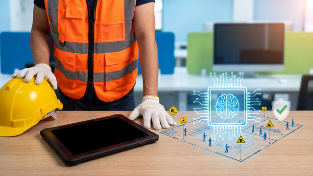 AI workplace safety monitoring and factory hazard detection concept, worker in orange vest with hard hat and rugged tablet, AI floor plan hologram with warning for ppe compliance