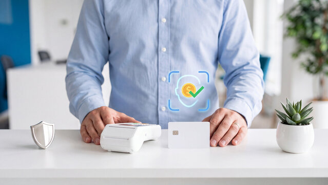 Biometric face payment and card transaction verification concept, man with pos terminal and blank credit card, face scan with dollar checkmark for contactless payment security