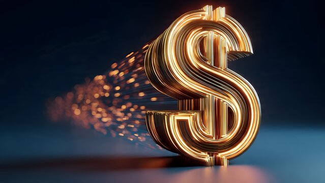 Abstract golden dollar sign symbol with motion blur effect representing rapid financial growth and digital speed in modern banking investment sectors for corporate branding and wealth strategy.
