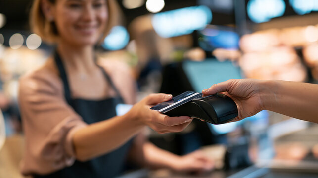 Smiling faceless cashier helping a customer in a supermarket, friendly retail service concept, with copy space