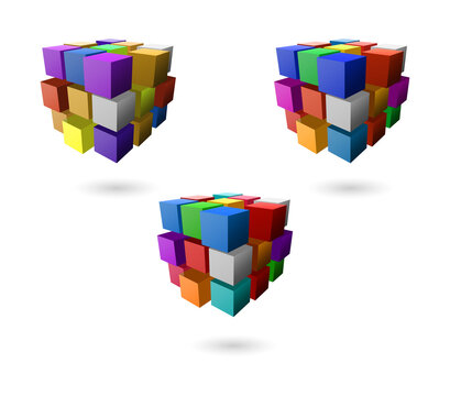 Colorful 3D cubes rotating on transparent background
