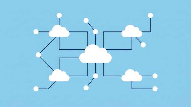 Minimal cloud infrastructure network composed of crisp geometric connection lines, simple cloud symbols and precise circular nodes, flat uniform light blue background, perfectly smooth solid color ba