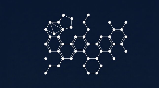 Minimal molecular network composed of crisp geometric lines and simple circular nodes, flat uniform deep blue background, perfectly smooth solid color, clean vector shapes, precise thin strokes, bala