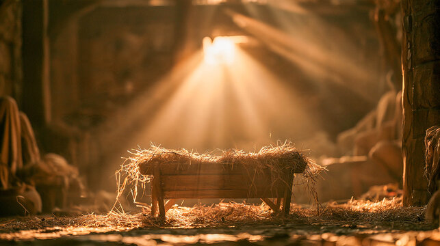 The empty manger with straw is illuminated by soft, golden rays, creating a symbolic Christmas image of anticipation and hope.