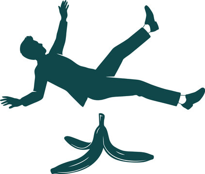 Teal Silhouette of Man Falling on Banana Peel slipping