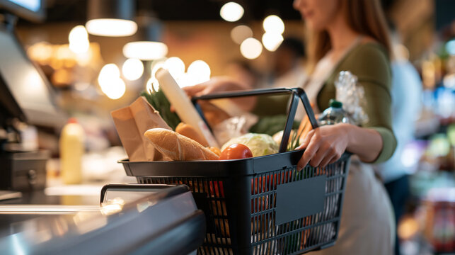 Faceless woman holding a black shopping basket filled with groceries at a supermarket checkout, everyday food shopping lifestyle concept, with copy space