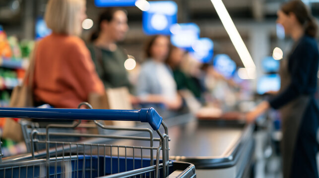 View of a long queue of faceless customers with carts waiting at a checkout line in a large store, retail traffic management and peak shopping season concept, with copy space