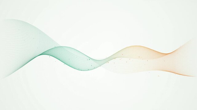 Abstract flowing wave lines with small floating particles creating a gentle gradient from teal to orange across a light background