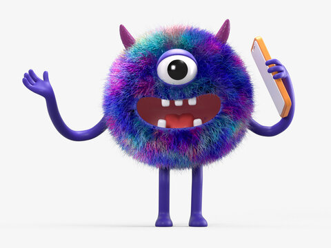 Fluffy, cute monster with a phone, symbolizes tech-savvy assistance. 3D rendering, conceptual image. Isolated on white background.