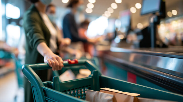 Faceless queue of shoppers with carts in a supermarket checkout area, everyday grocery shopping and consumer demand concept, with copy space
