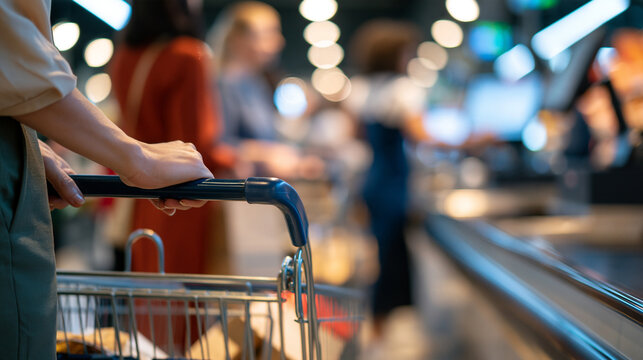 Faceless queue of shoppers with carts in a supermarket checkout area, everyday grocery shopping and consumer demand concept, with copy space