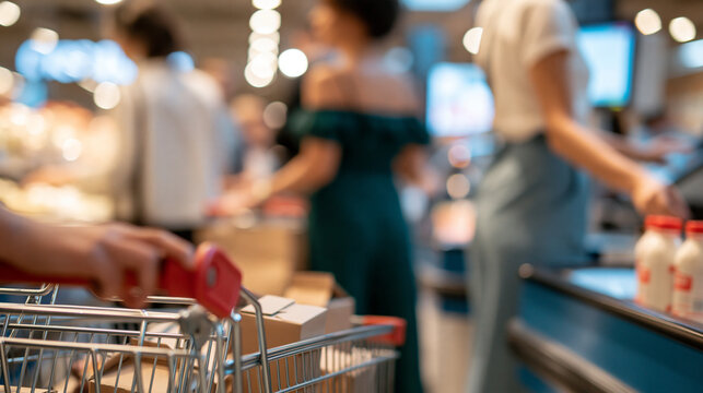 Faceless queue of shoppers with carts in a supermarket checkout area, everyday grocery shopping and consumer demand concept, with copy space
