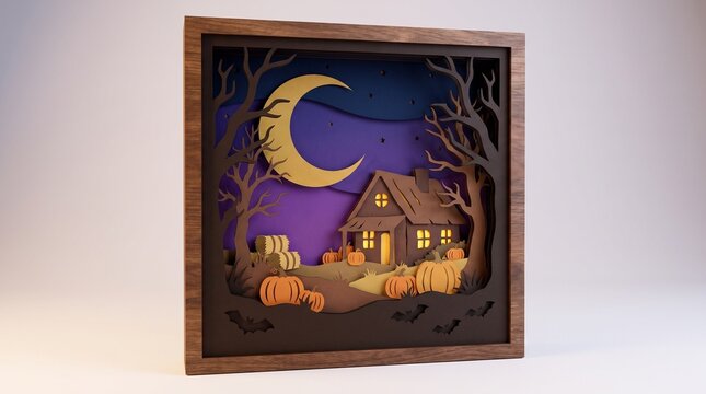 Layered Papercut Halloween Landscape with Crescent Moon and Cottage Silhouette