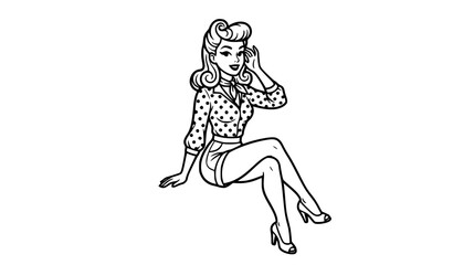 Fototapeta premium Retro pin-up woman in polka dot outfit seated pose black and white cartoon vector