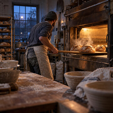 Avant l&rsquo;aube, un boulanger retire des pains au levain d&rsquo;un four avec une pelle en bois. La vapeur s&rsquo;&eacute;l&egrave;ve des miches, &eacute;clair&eacute;es par la lumi&egrave;re chaude du four dans l&rsquo;atelier encore sombre.