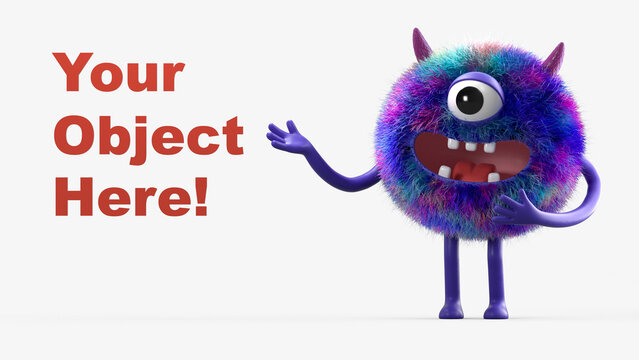Fluffy, cute monster presents a space for "Your Object Here!" 3D rendering, promotional image. Isolated on white background.