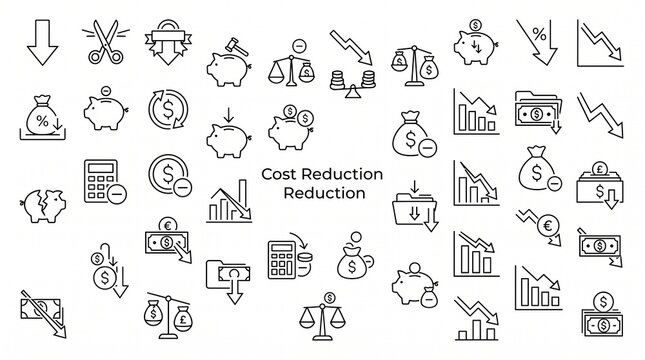 Set of black line icons representing cost reduction and financial savings