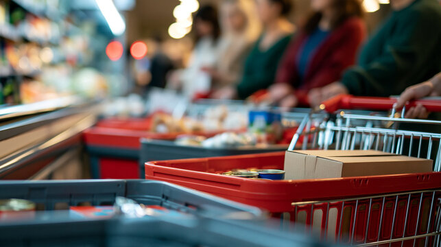 Faceless shoppers waiting in line with carts full of groceries during a busy holiday shopping season, with copy space