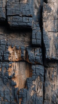 Close-up of charred wood texture with deep cracks and blackened surface against a blurred background.