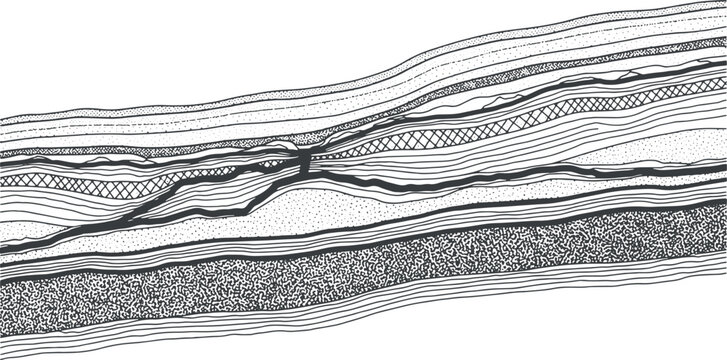 Black and white hand drawn geological soil layers stratigraphy cross section vector illustration