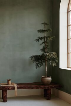 Minimalist interior with green wall, wooden bench and potted conifer by window, cozy contemporary home decor, calm aesthetic design.