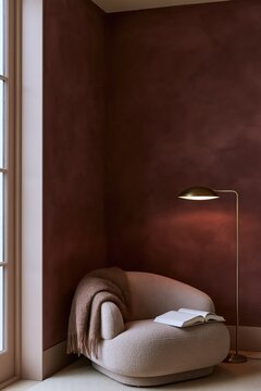 Cozy reading nook with armchair, blanket and floor lamp in warm terracotta corner, intimate home interior, hygge comfort design.