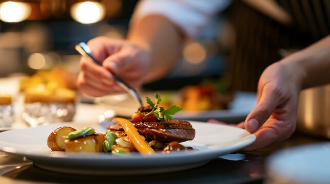 A faceless person plating baked duck with vegetables and foil-wrapped potatoes, a la carte fine dining preparation concept, with copy space